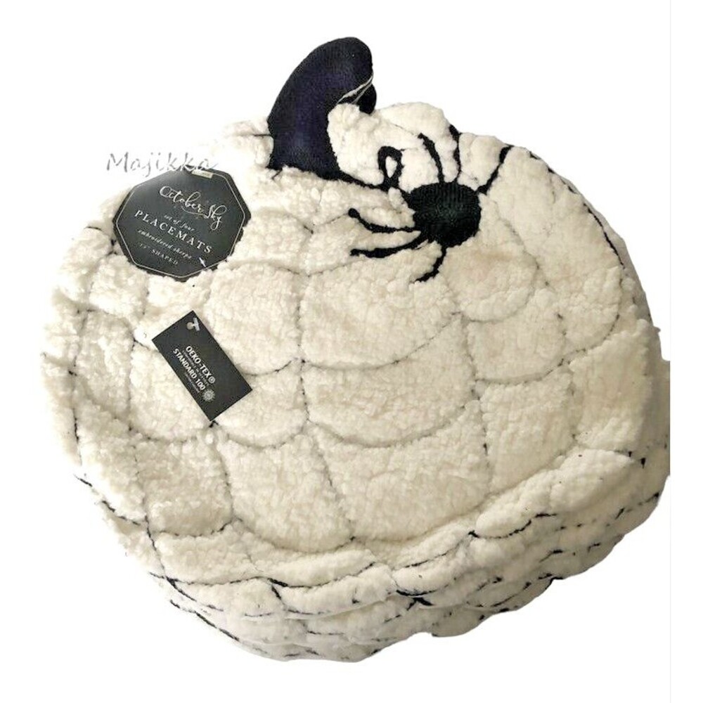 October Sky Halloween Sherpa Spider Web Placemats Embroidered White Set of 4